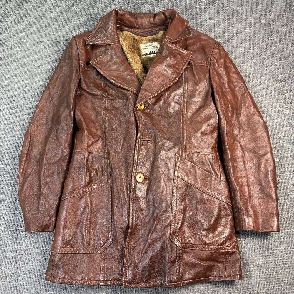 Montreal Leather Garment Vintage 70s Car Coat Womens M Brown Faux Fur Lined